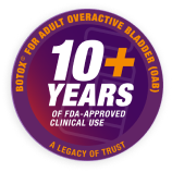 Badge indicating 10+ years of FDA approved clinical use for BOTOX for adult overactive bladder (OAB), with the tagline ”A Legacy of Trust”